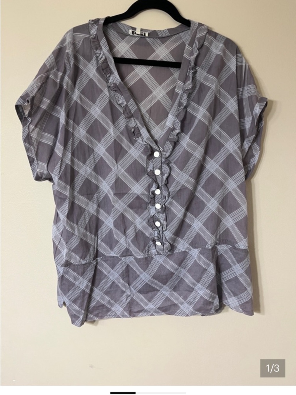 Chloe Gray Plaid Ruffle-Trim Button Front Top